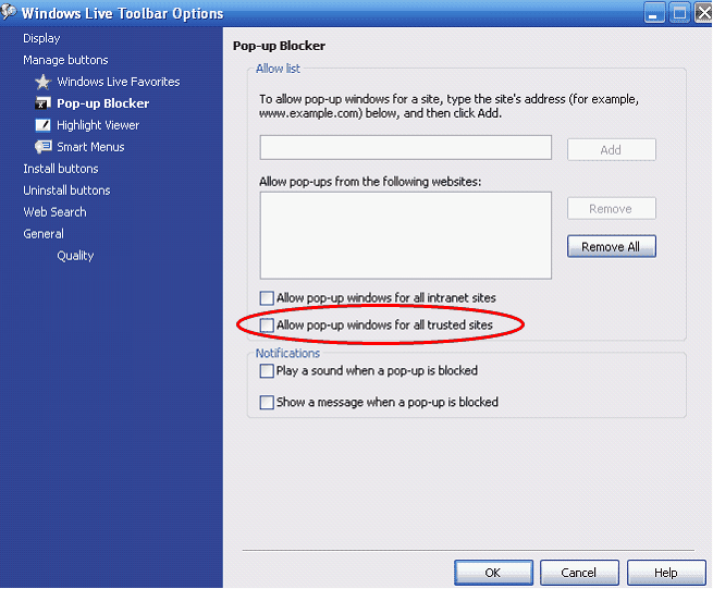 Disabling pop up blockers
